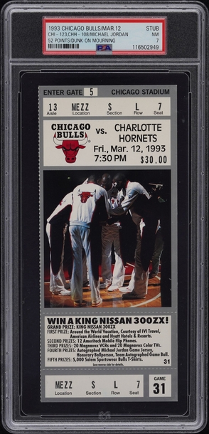 1993 Hornets vs Bulls FULL ticket stub rare. Michael Jordan PSA 7