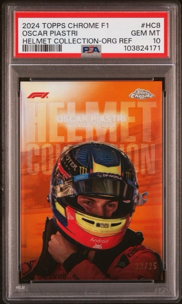 2024 Topps Chrome Formula 1 Oscar Piastri HC8 Helmet Refractor Orange /25 PSA 10