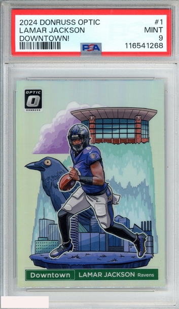 2024 PANINI DONRUSS OPTIC DOWNTOWN! LAMAR JACKSON #1 RAVENS PSA 9 MINT