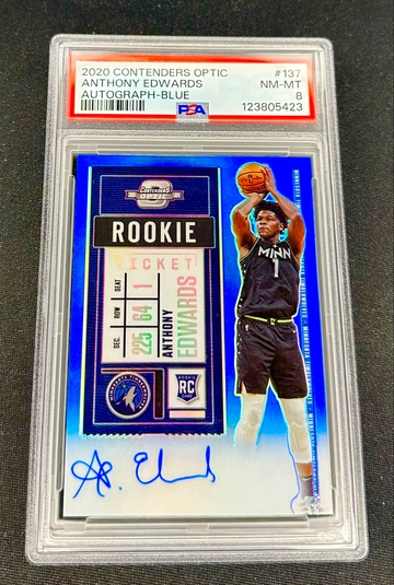 2020 Anthony Edwards Panini Contenders Optic Blue Prizm Rookie Ticket Auto /99 PSA 8 #137 SP Autograph RC