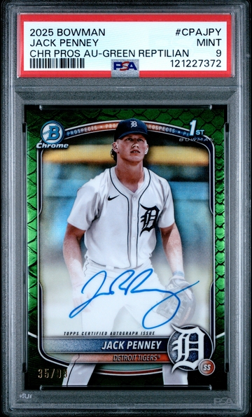 2025 Bowman Chrome Prospect Auto Jack Penney Green Reptilian PSA 9 POP 1 /99