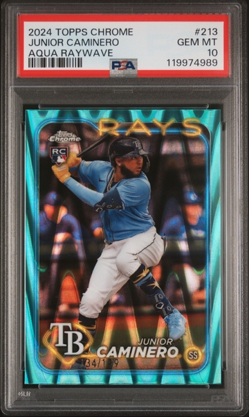 2024 Topps Chrome Junior Caminero Aqua Raywave 134/199 PSA 10 GEM MNT