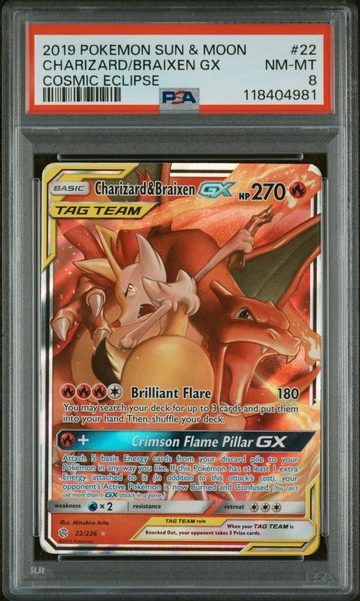 2019 Sun & Moon #22/236 Charizard & Braixen GX Cosmic Eclipse PSA 8