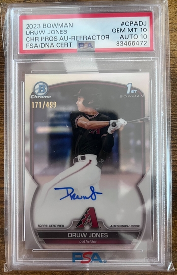 2023 Bowman Druw Jones Chrome Prospects Refractor Autograph PSA 10