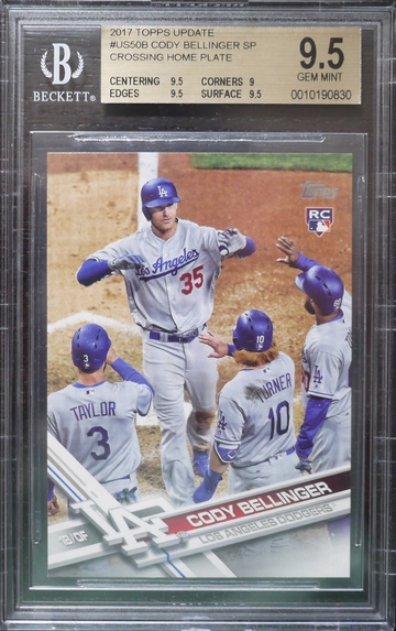 BGS 9.5 - 2017 TOPPS UPDATE CODY BELLINGER RC #US50B SP CROSSING HOME PLATE HIGH FIVE