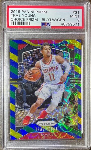 2019 Trae Young Panini Choice Prizm Blue/Yellow/Green PSA 9