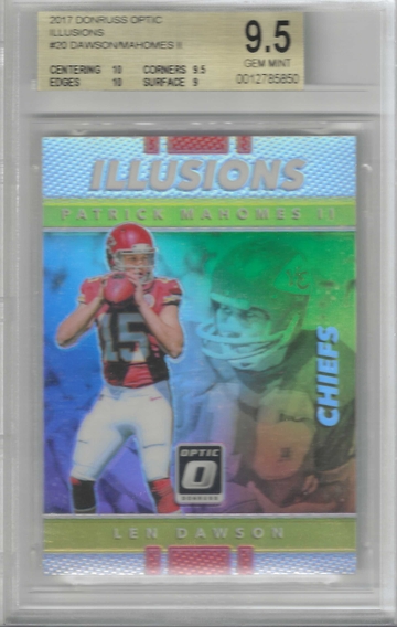 Patrick Mahomes II/HOF Len Dawson 2017 Donruss Optic #20 MAHOMES FIRST YEAR ILLUSIONS ROOKIE CARD BGS 9.5 GEM MINT!