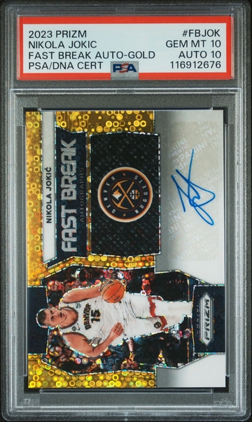 2023-24 Panini Prizm Nikola Jokic #FBJOK Fast Break Gold Prizm /10 Auto PSA 10