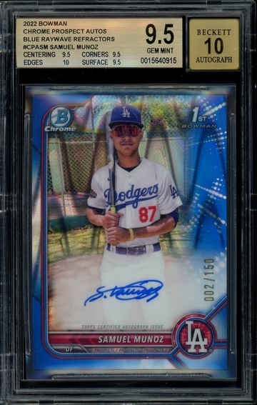  2022 Bowman Chrome SAMUEL MUNOZ Blue RayWave Refractor 1st AUTO /150 BGS 9.5/10 Gem Mint