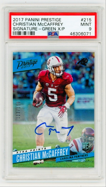 Christian McCaffrey 2017 Panini Prestige Green XP RC Autograph /150 PSA 9 Mint