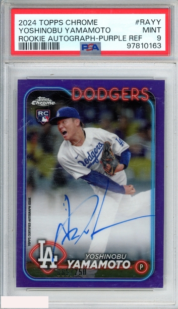 2024 TOPPS CHROME ROOKIE AUTO YOSHINOBU YAMAMOTO #RAYY PURPLE OF 250 RC PSA 9