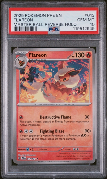 2025 Pokemon Pre EN Master Ball Reverse Holo Flareon #013 PSA 10