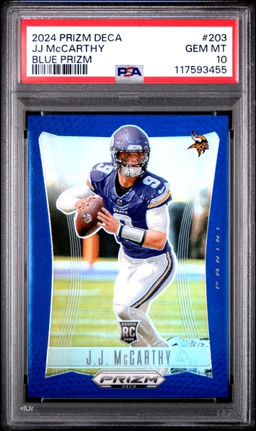 2024 PANINI PRIZM DECA #203 JJ McCARTHY BLUE PRIZM PSA 10