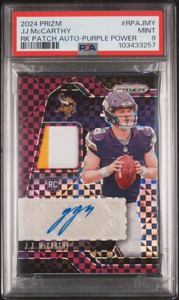 JJ McCARTHY 2024 PRIZM ROOKIE PATCH AUTO RPA PURPLE POWER #/49 PSA 9