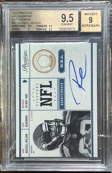 2012 Russell Wilson RC ROOKIE Panini Prestige NFL Passport ON CARD AUTO BGS 9.5