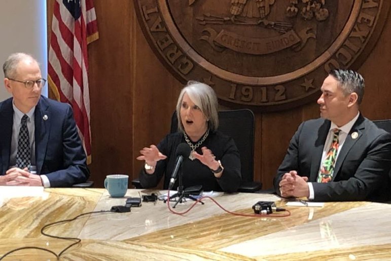 From left to right: Senate Floor Majority Leader Peter Wirth, Gov. Michelle Lujan Grisham and Ly. Gov. Howie Morales at a press conference in the Governor's Office Cabinet Room March 18, 2023.