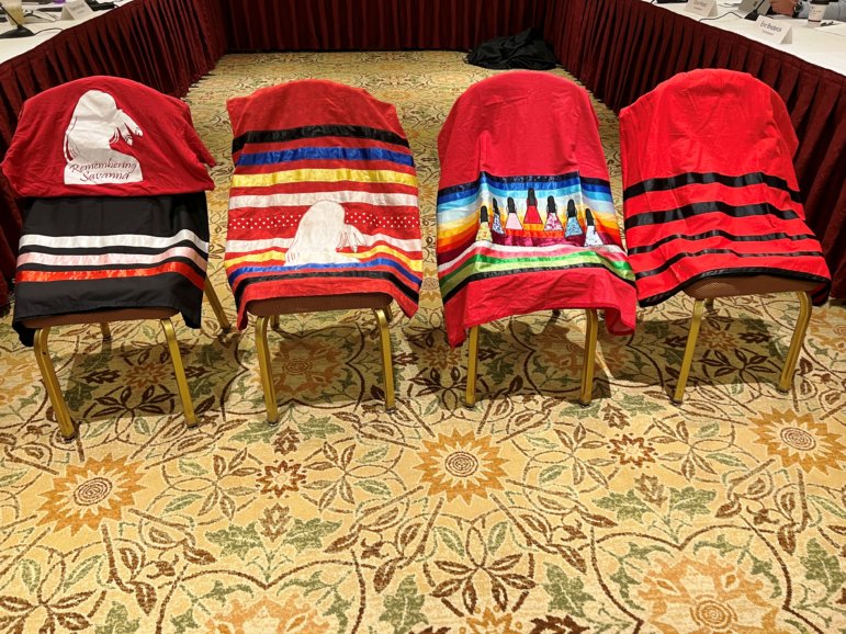These chairs represent four missing and murdered Indigenous individuals during the Not Invisible Act commission hearing to gather information on how the federal government can improve its response.