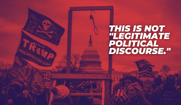 A photograph of the violent attackers and the noose in front of the Capitol on January 6, 2021.