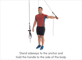 Stand sideways to the anchor and hold the handle to the side of the body.