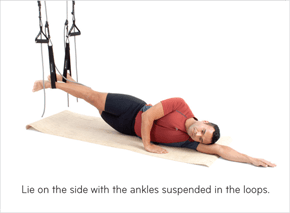Lie on the side with the ankles suspended in the loops.