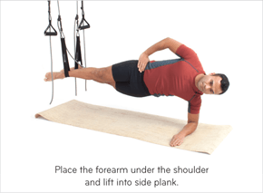 Place the forearms under the shoulder and lift into the side plank.