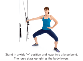 Stand in a wide 'v' position and lower into a knee bend. The torso stays upright as the body lowers.