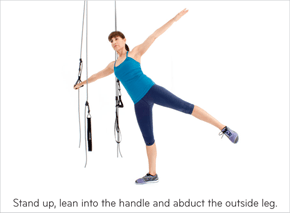 Stand up, lean into the handle and abduct the outside leg.