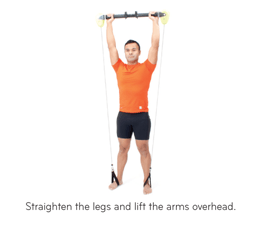 Straighten the legs and lift the arms overhead