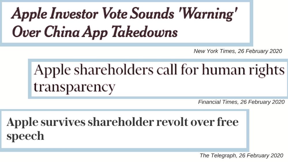 newspaper headlines that read apple investor vote sounds warning over china app takedowns apple shareholders call for human rights transparency and apple survives shareholder revolt over free speech from the new york times financial times and telegraph