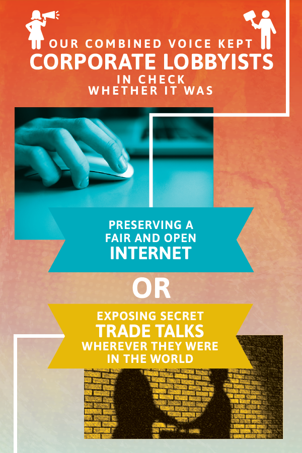 Our combined voices kept corporate lobbyists in check whether it was preserving a free and open internet or exposing secret trade talks wherever they were in the world 