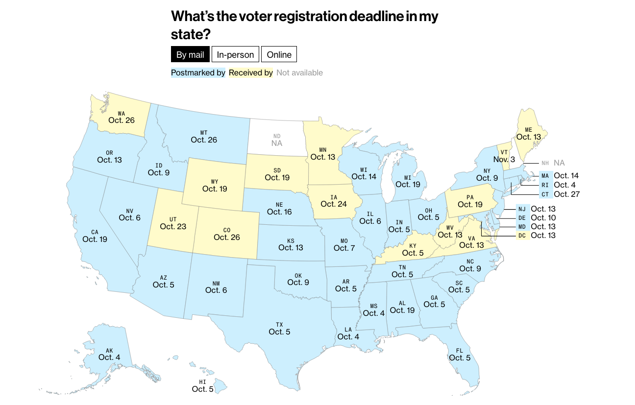 map of usa voter registration deadlines for each state