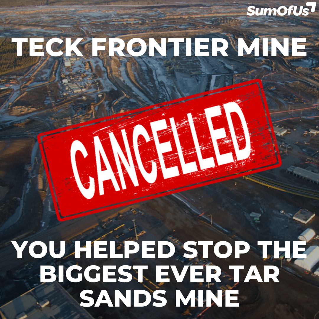 Picture of Tarsands mine with a cancelled stamp over it and the words you did it