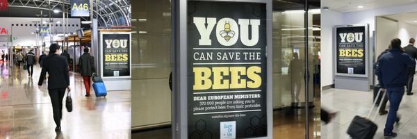 Brussels Airport covered in Save the Bees ads.