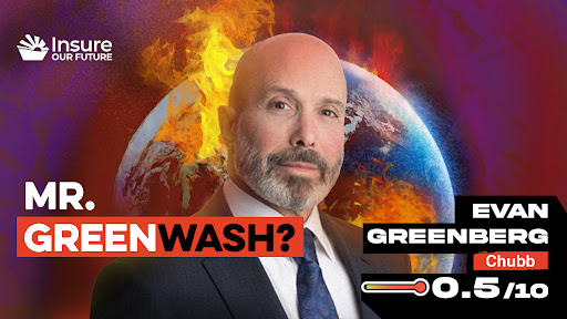 Picture of Evan Greenberg, Chubb's CEO, with the Earth on fire behind him and a text calling him 