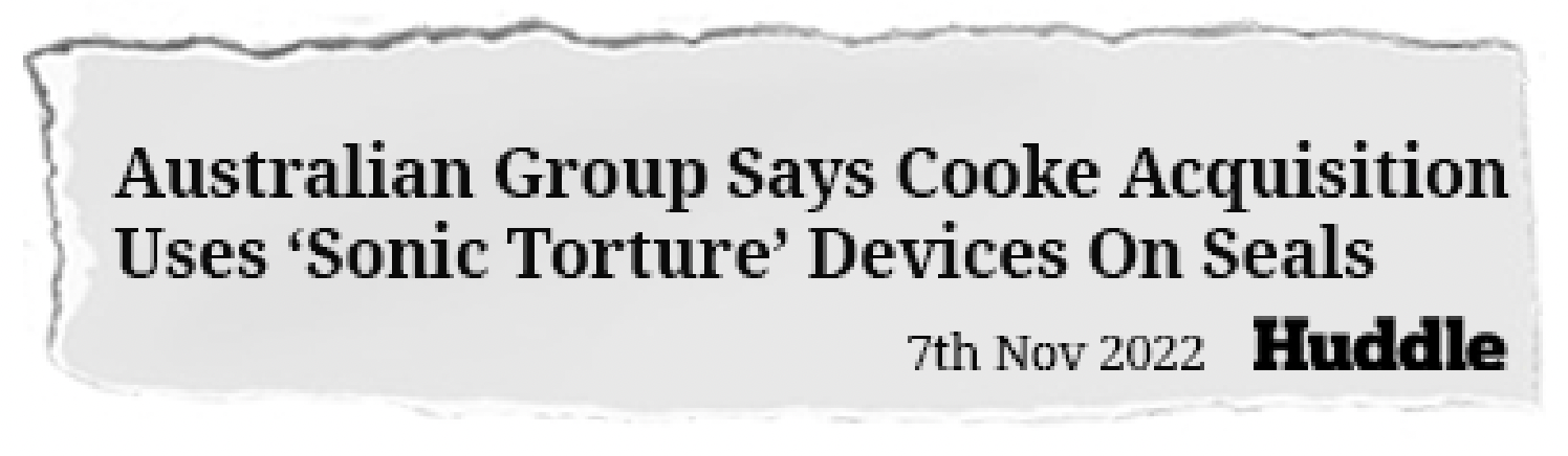 Titular en The Huddle que dice Un grupo australiano asegura que Tassal, empresa adquirida por Cooke, usa dispositivos de “tortura sónica” en las focas.