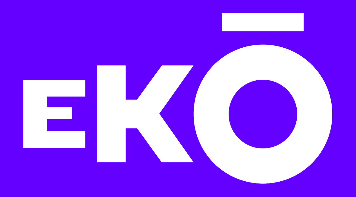 Our new logo. The word Ekō in white on a purple background.