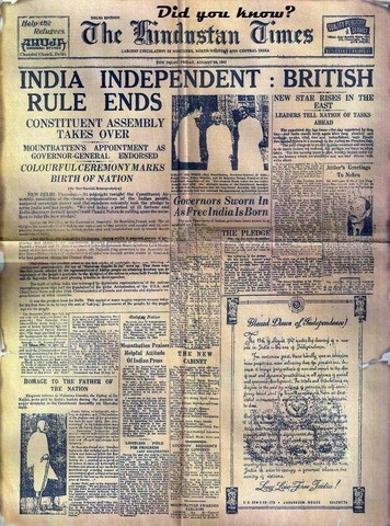 Great Britain grants India and Pakistan their independence.
