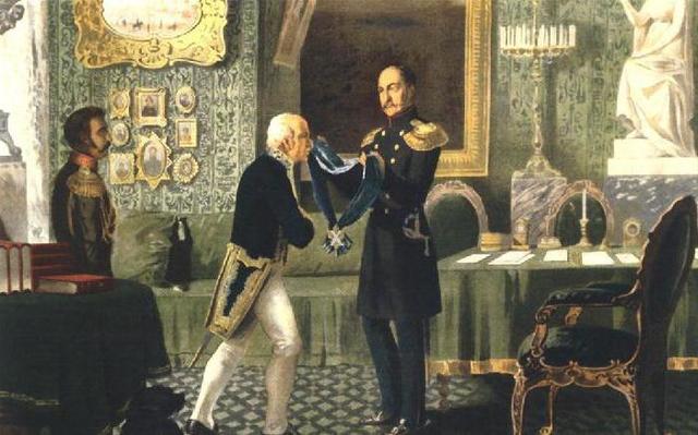 Николай награждает М.М. Сперанского за успешное завершение работы над Сводом законов Российской империи.