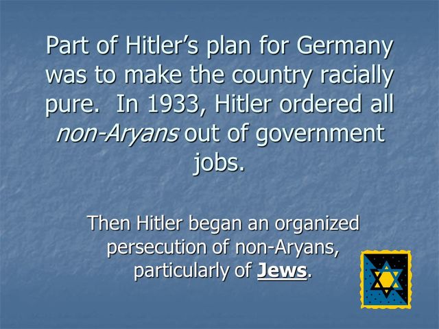 Hitler orders the removing of all non Aryans from government jobs