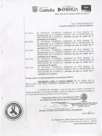 Constancia de pensión a Humberto Moreira SEP