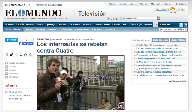 Creación de página de Facebook, mala respuesta de D. Cuatro y noticia de El Mundo.