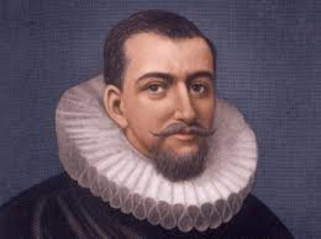 Henry Hudson, exploring for the Netherlands, claims land that will become New Netherland