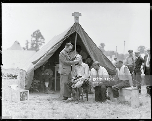 Clara Barton, dubbed the "Angel of the Battlefield," begins aid to servicemen in Civil War.