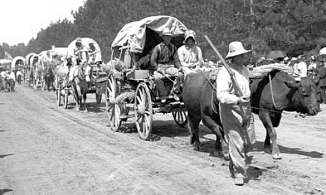 The first wagon trains depart from Iowa and Missouri