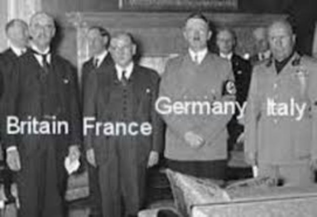 September 29, 1938 Germany, italy, Great Britain, and France sign the  Munich Agreement. (Appeasement)