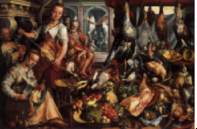 Kitchen scene with Jesus in the house of Martha and Mary, by Joachim Beuckelaer