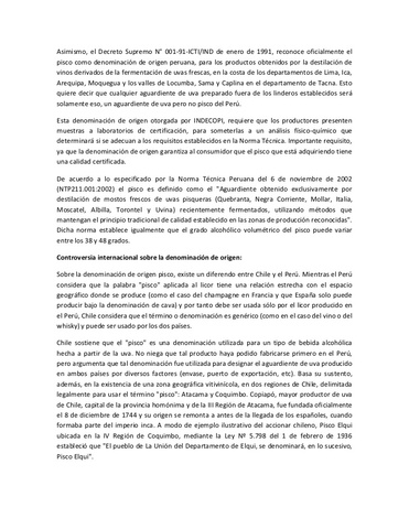 Decreto Supremo que reconoce oficialmente al Pisco en Perú