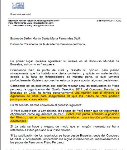 La carta dirigida al Presidente de la Academia Peruana del Pisco
