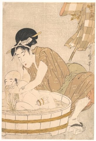 Woman Bathing Her Baby in Tub