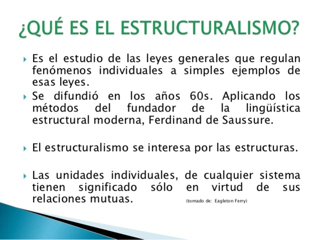 Estructuralismo: Método de comprensión de una realidad, ya sea el lenguaje, la sociedad o la etnología.